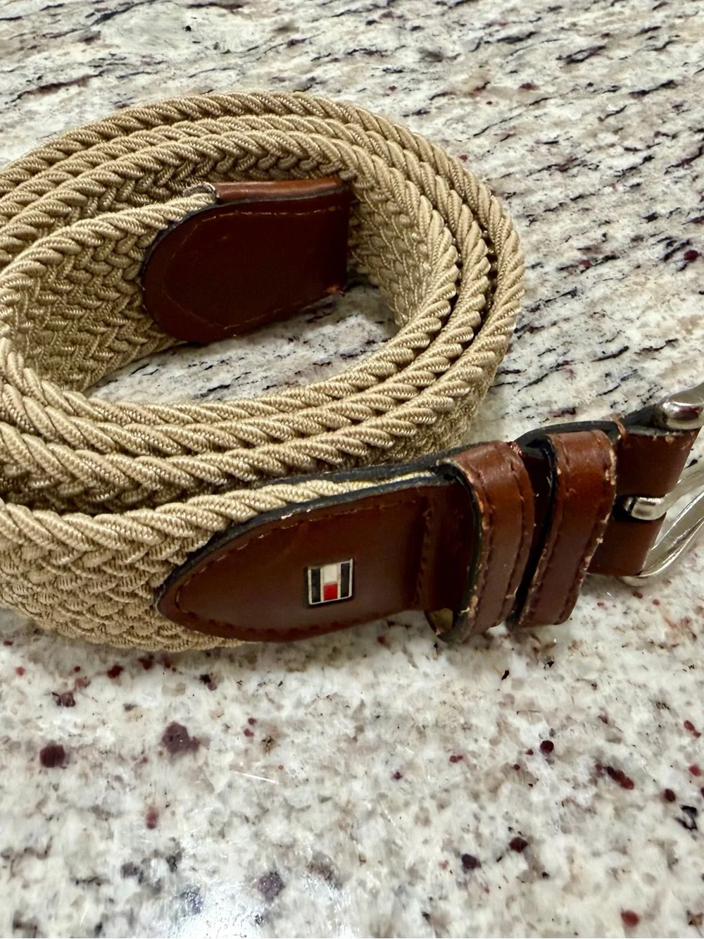 Vtg Y2K Tommy Hilfiger Mens 36-38 Braided Stretch Belt Khaki Brown Leather Logo
